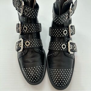 Zara Leather Studded Moto Buckle Ankle Black Boots Size 10 6188/001